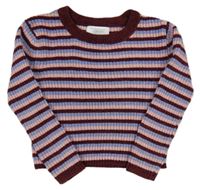 Tmavovínovo-modro-světlerůžový pruhovaný žebrovaný žinylkový crop svetr PRIMARK