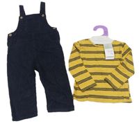 Nový - 2Set - Tmavomodré manšestrové laclové kalhoty + hořčicovo/tmavomodré pruhované melírované triko PRIMARK