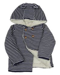 Tmavomodro-bílý pruhovaný zateplený svetrový kabátek s kapucí s oušky F&F