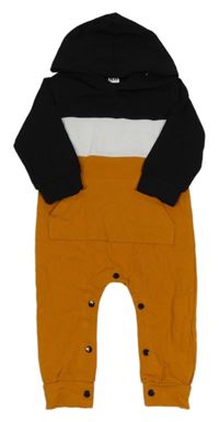 Medovo-bílo-černá tepláková kombinéza s kapsou a kapucí