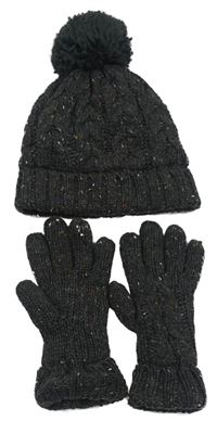 2Set - Tmavošedá melírovaná čepice s bambulí + rukavice Next