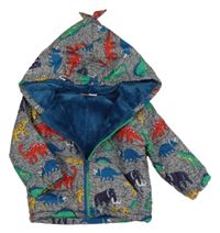 Šedá melírovaná šusťáková zateplená bunda s dinosaury a mamuty a kapucí s ostny mick mack
