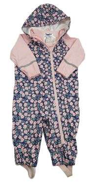 Tmavomodro-světlerůžová nepromokavá kombinéza s kytičkami a kapucí lupilu