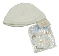 Nové - 2Set - Smetanová žebrovaná čepice + bílo/světlemodré rukavice s hvězdičkami