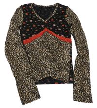 Černo-béžovo-hnědé vzorované triko s růžemi a krajkou