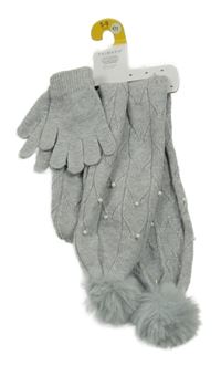 Nové - 2Set - Šedá melírovaná žebrovaná vzorovaná šála s perlami a bambulemi + prstové rukavice PRIMARK