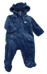 Tmavomodrá plyšová zateplená kombinéza s medvídkem a kapucí s oušky C&A