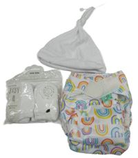 Nové - 6Set - 1x - Bílá sametová čepice little nutmeg + 1x - plenkové kalhotky s duhami + 4x - rukavice George