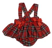 Červeno-kostkované kraťasy se sukní a mašlemi a kšandami