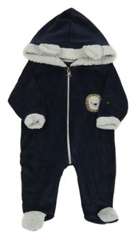 Tmavomodro-bílá plyšovo/huňatá kombinéza se lvíčkem a kapucí s oušky Carino Bello