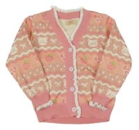 Starorůžovo-růžový propínací svetr s medvídky a jahůdkami a mašličkami a volánky
