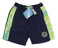 Nové - tmavomodro-zeleno/modré plážové kraťasy se znakem s nápisy St. Bernard