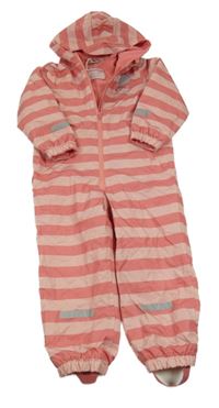 Růžovo-světlerůžová pruhovaná šusťáková jarní kombinéza s obláčkem a kapucí impidimpi