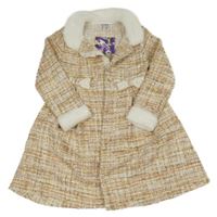 Nové - hnědo-smetanovo-starorůžovo-zlatý kabát s mašlemi a flitry a volánkem a kožešinou BLUE BERi