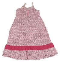 Bílo-tmavorůžové kytičkované plátěné letní šaty 