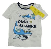 Nové - bílo-tmavomodré tričko se žraloky a nápisy SHEIN