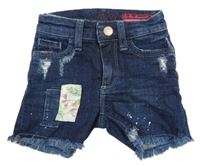 Tmavomodré skinny regular waist riflové kraťasy s nášivkou a prošoupáním jn.joy