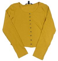 Okrové pruhované crop triko s knoflíky New Look