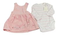 2set - Růžové manšestrové šaty s králíkem a myškou + bílo-barevné pruhované body Miniclub