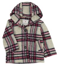 Šedo-černo-růžová kostkovaná vlněná zateplená bunda s kapucí Primark