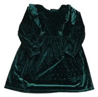 Tmavozelené puntíkaté sametové šaty s volánky Primark