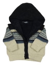 Tmavomodro-modrošedo-světlešedý zateplený vlněný propínací svetr s pruhy a kapucí Primark