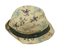 Béžový slaměný klobouk s kostrami dinosaurů Tu