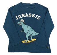 Petrolejové triko s dinosaurem na skatu
