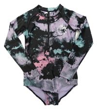 Černo-růžovo-fialové batikované jednodílné UV plavky s palmami H&M