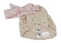 2set - Béžová puntíkatá turbanová čepice s mašlí + světlerůžová čelenka se srdíčky a mašlí