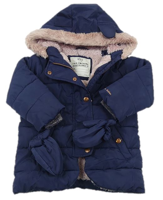 Tmavomodrý šusťákový zimní kabát s kapucí s kožešinou + rukavice zn. M&S
