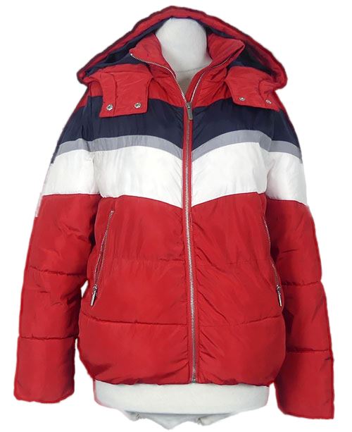 Dámská červeno-tmavomodro-bílá šusťáková zimní bunda s kapucí zn. New Look 
