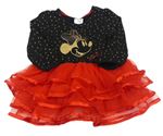 Černo-červené bavlněno/tylové šaty s 3D Minnie a hvězdičkami Disney