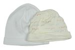 2x - Bílá + smetanová bavlněná čepice s nápisy