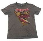 Šedé tričko s nápisy a dinosaurem Jurský svět 
