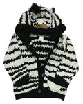 Bílo-černý pruhovaný/vzorovaný pletený propínací svetr s kapucí - Zebra Next