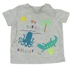 Šedé melírované tričko s chobotnicí a krokodýlem F&F