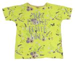 Žluté květinové tričko s nápisem a motýlky Y.F.K.