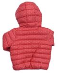 Růžová puntíkatá šusťáková prošívaná lehká zateplená bunda s nápisem a kapucí 