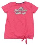 Křiklavě růžové melírované tričko s nápisy a uzlem we
