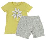 2set- Žluté tričko s kytičkou s nápisy + Šedé květované bavlněné kraťasy Kids 
