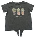 Tmavošedé melírované tričko s ananasy a nápisy miss e-vie