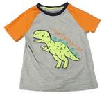 Šedo-oranžovo-tmavomodré melírované tričko s 3D dinosaurem George