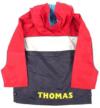 Outlet - Tmavomodro-červená šusťáková oteplená bundička s kapucí a Thomasem zn. Mothercare