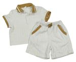 2Set - Bílo-hnědé žebrované vzorované úpletové polo tričko + kraťasy SHEIN
