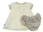 2Set - Smetanové puntíkaté šaty s barevnou výšivkou + bílo/barevné kytičkované plátěné kalhotky na plenky s volánky zn. Mothercare