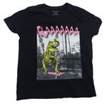 Černé tričko s potiskem s nápisem a dinosaurem Primark