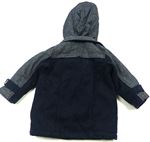 Šedo-tmavomodrý vlněný zimní kabát s kapucí zn. Miniclub 
