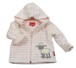 Světlerůžovo-bílý pruhovaný sametový zateplený kabátek s ovečkou a kapucí
