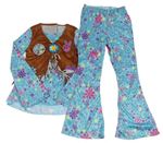 Kostým - Modro-béžové triko s vestou a kytičkami + Modré květované kalhoty - Hippie 